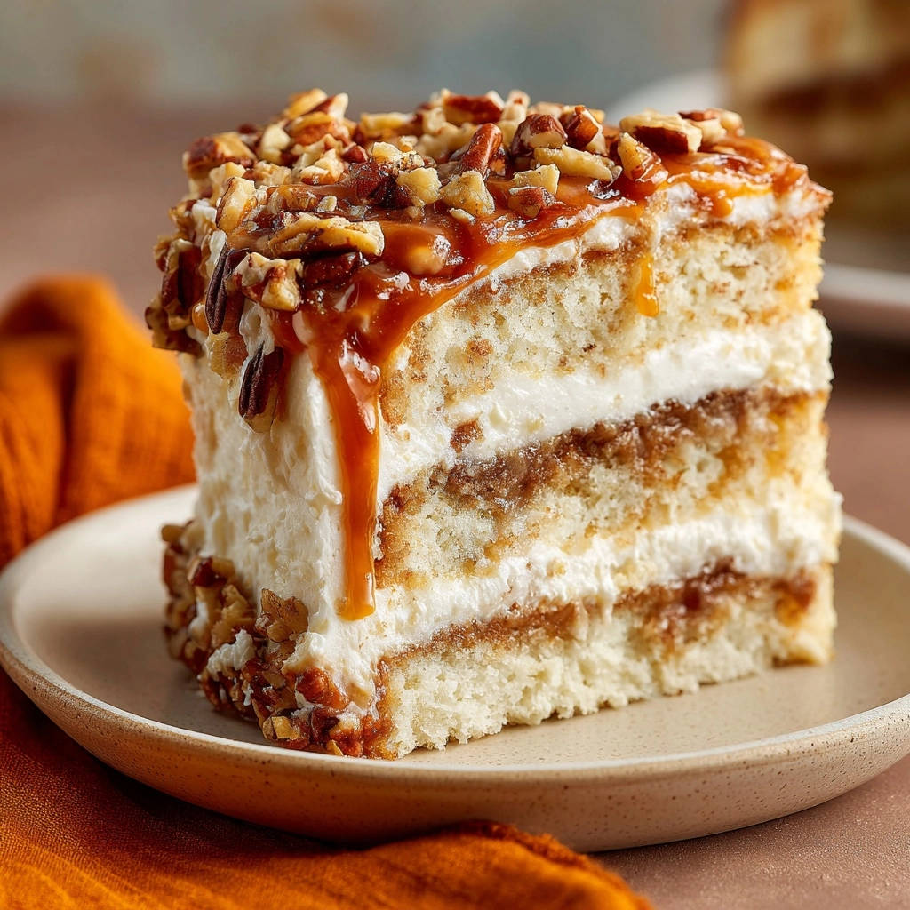 Caramel Pecan Layer Cake featuring a close-up cross-section with rich caramel drizzle and chopped pecans.