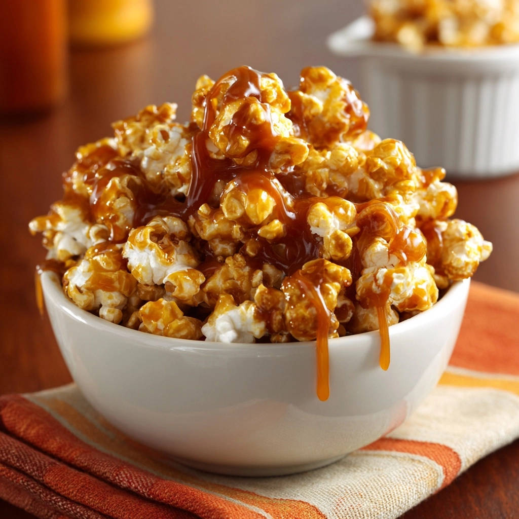 Irresistible caramel popcorn generously drizzled with glossy caramel sauce in a white bowl.