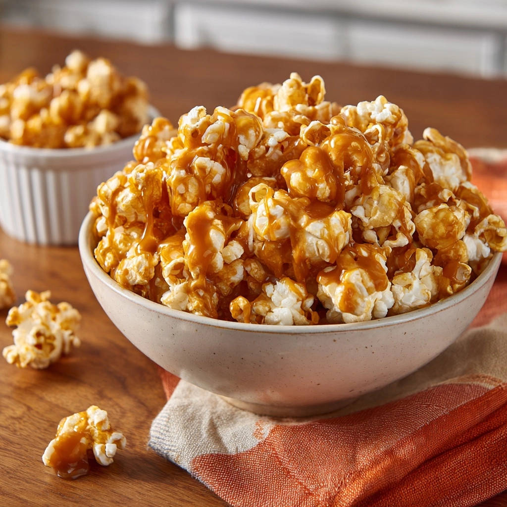 Irresistible caramel popcorn generously piled in a light-colored bowl, with caramel drizzled over the top.