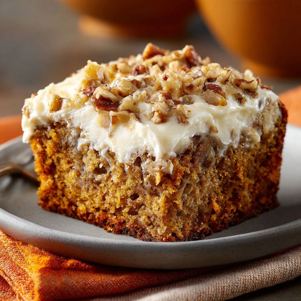 Carrot Cake Perfection, a moist slice topped with creamy frosting and chopped nuts, served on a grey plate.