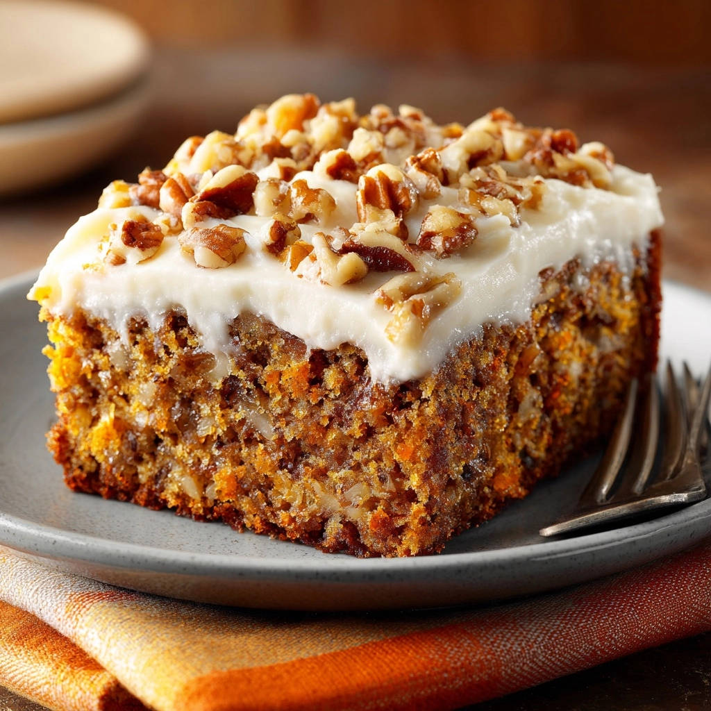 Carrot cake perfection shown as a moist slice topped with cream cheese frosting and chopped walnuts.