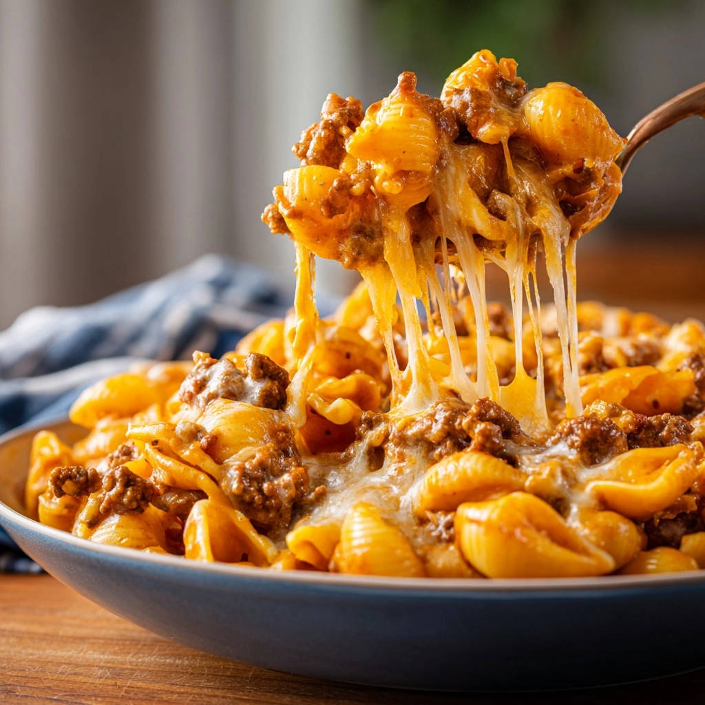 Cheesy beef shells with a spoonful of pasta and meat showing a long, gooey cheese pull.