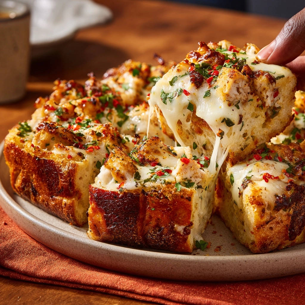 Cheesy chicken pull-apart bread with a generous cheese pull, showcasing its delicious filling and golden-brown crust.