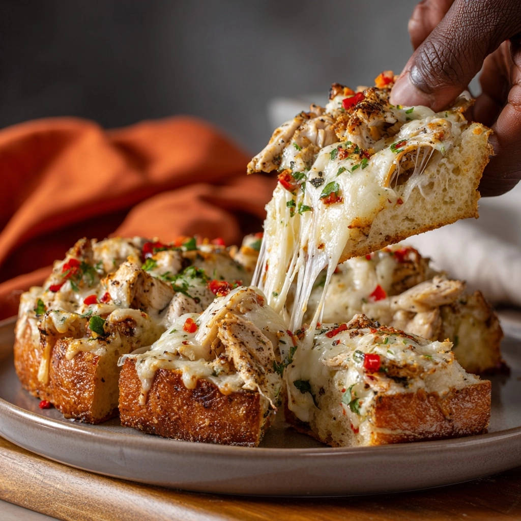 Cheesy chicken pull-apart bread with a slice being pulled away, showing gooey melted cheese.