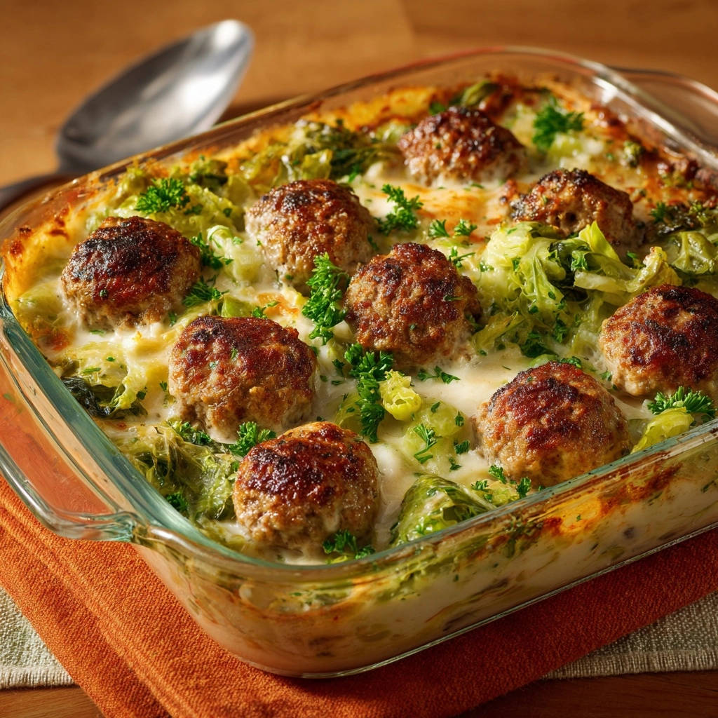 Cheesy meatball and greens bake shown close-up in a glass baking dish, ready to serve.