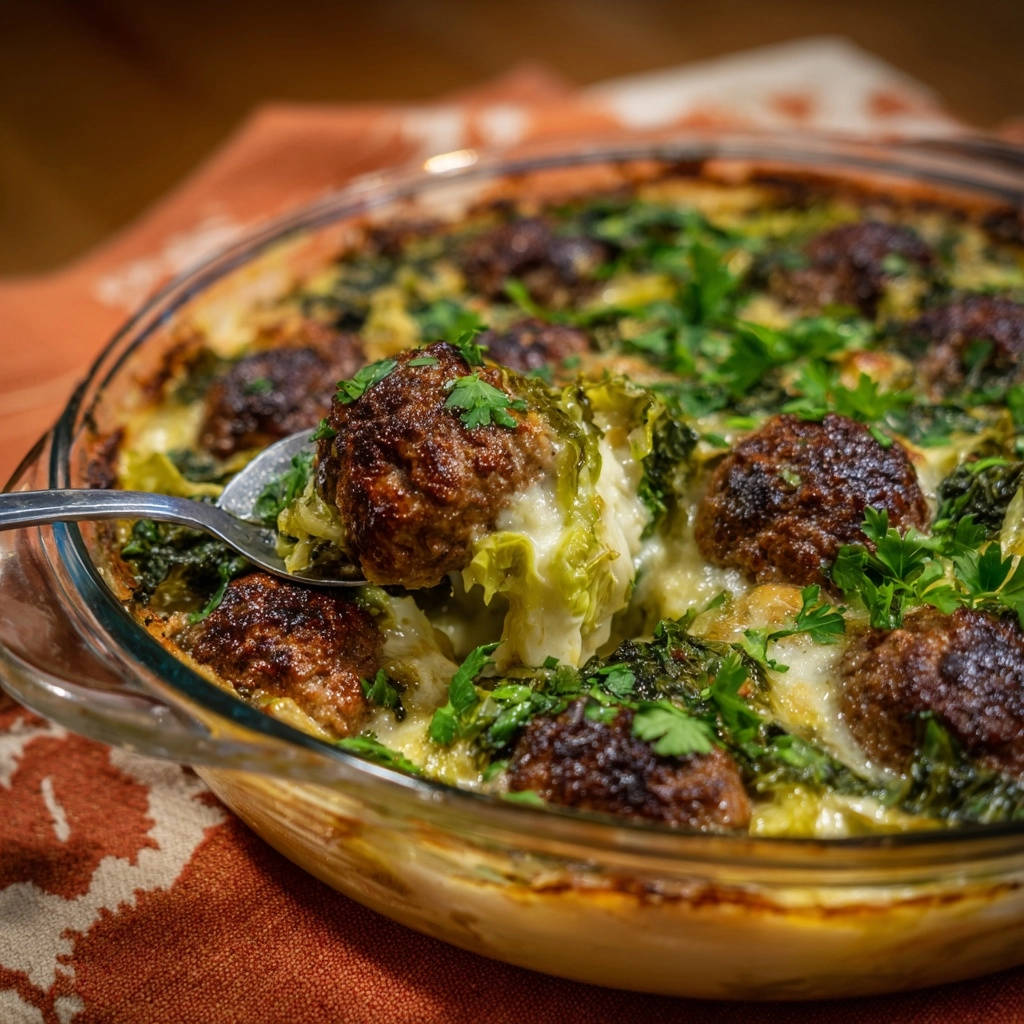 Cheesy meatball and greens bake with a spoon lifting a juicy meatball and greens, showing a close-up of the dish's texture.