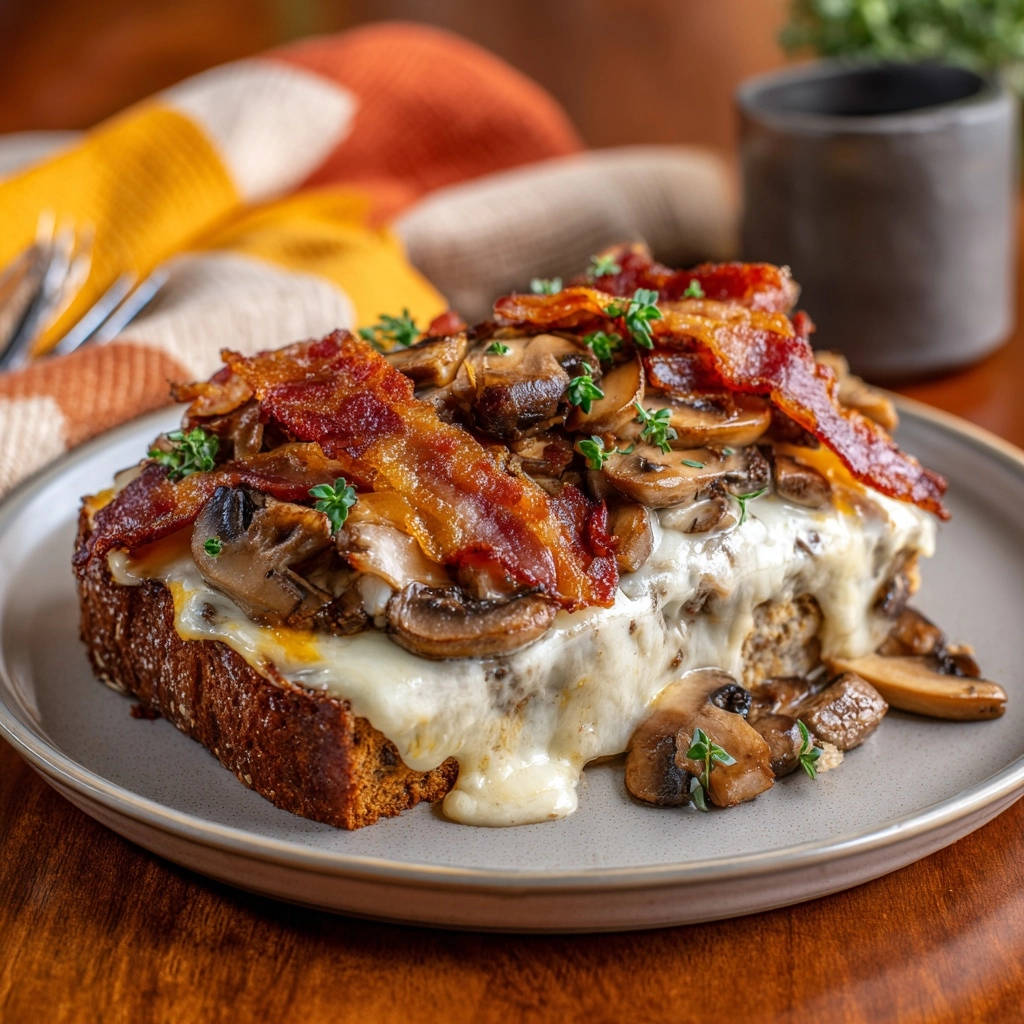 Cheesy mushroom & bacon savory bread pudding plated close-up, showing melted cheese and crispy bacon topping.
