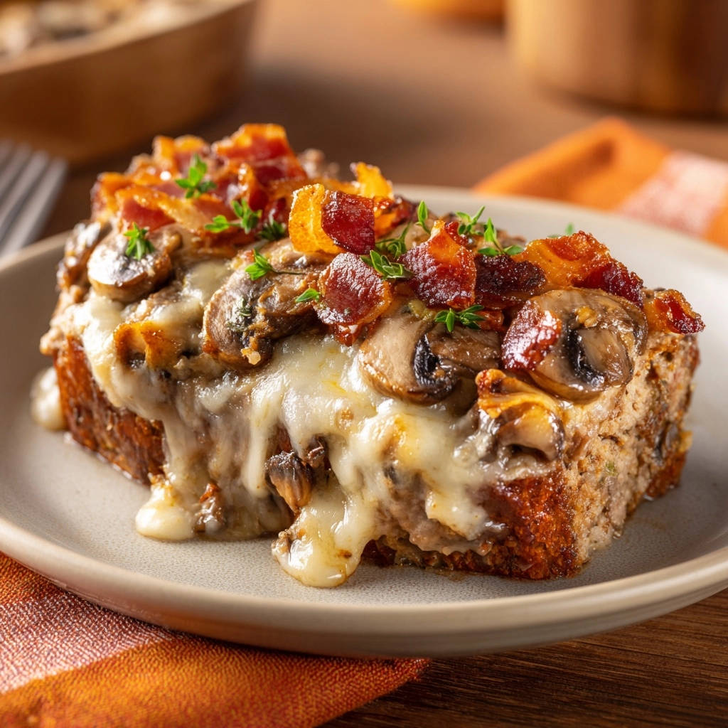 Cheesy mushroom and bacon savory bread pudding, a plated slice showing melted cheese and crispy bacon topping.