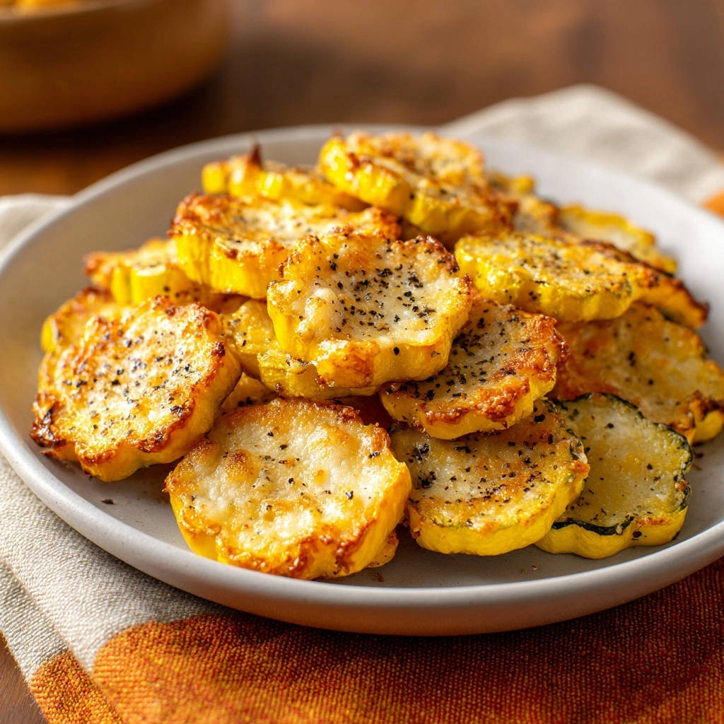 Golden cheesy roasted yellow squash, sliced and seasoned, piled high on a white plate.