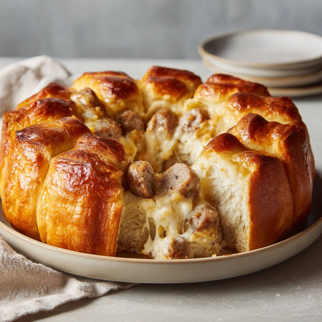 Cheesy sausage pull-apart bread showing a close-up of the gooey melted cheese and sausage filling.