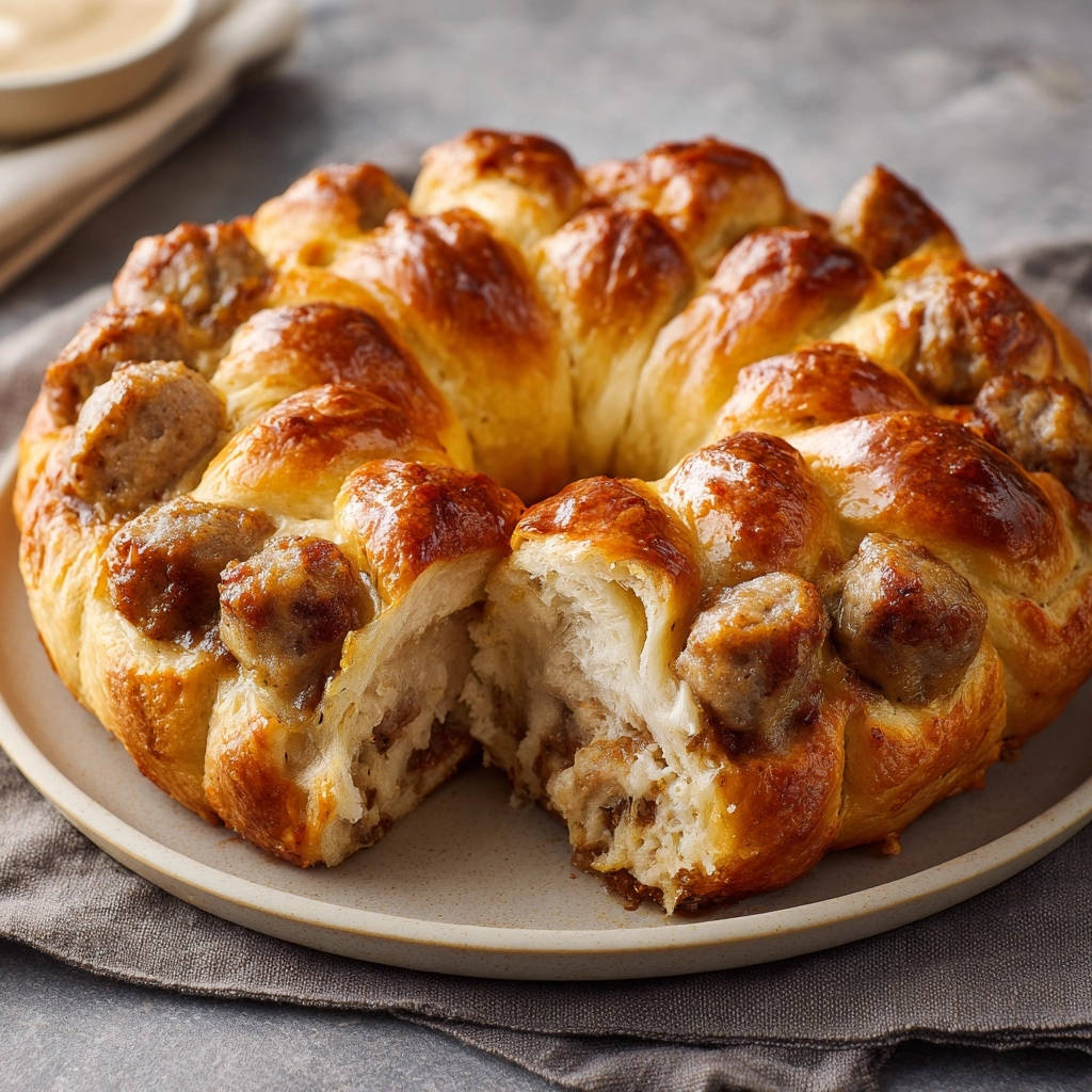 Cheesy sausage pull-apart bread shown in a close-up cross-section revealing its fluffy interior and sausage filling.