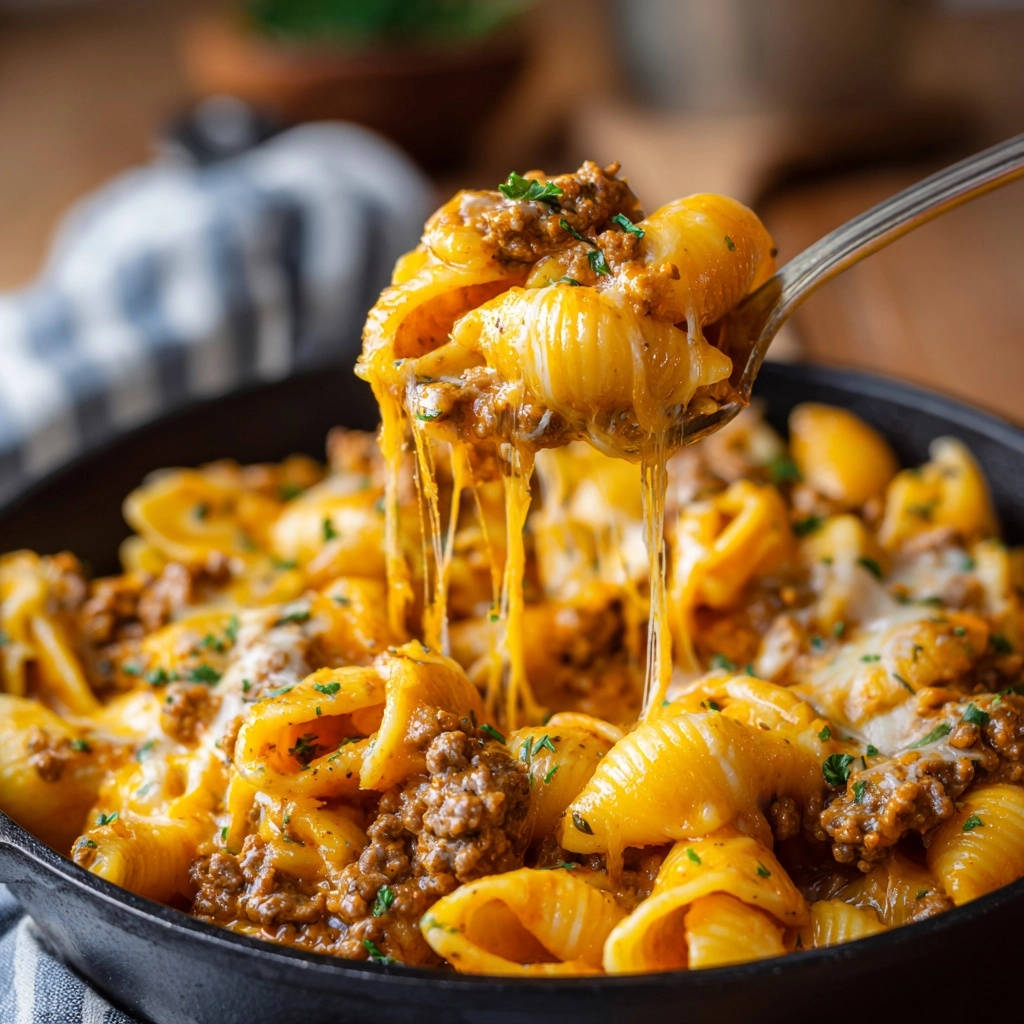 Cheesy skillet beef & shells with long strands of melted cheese being pulled up on a spoon.