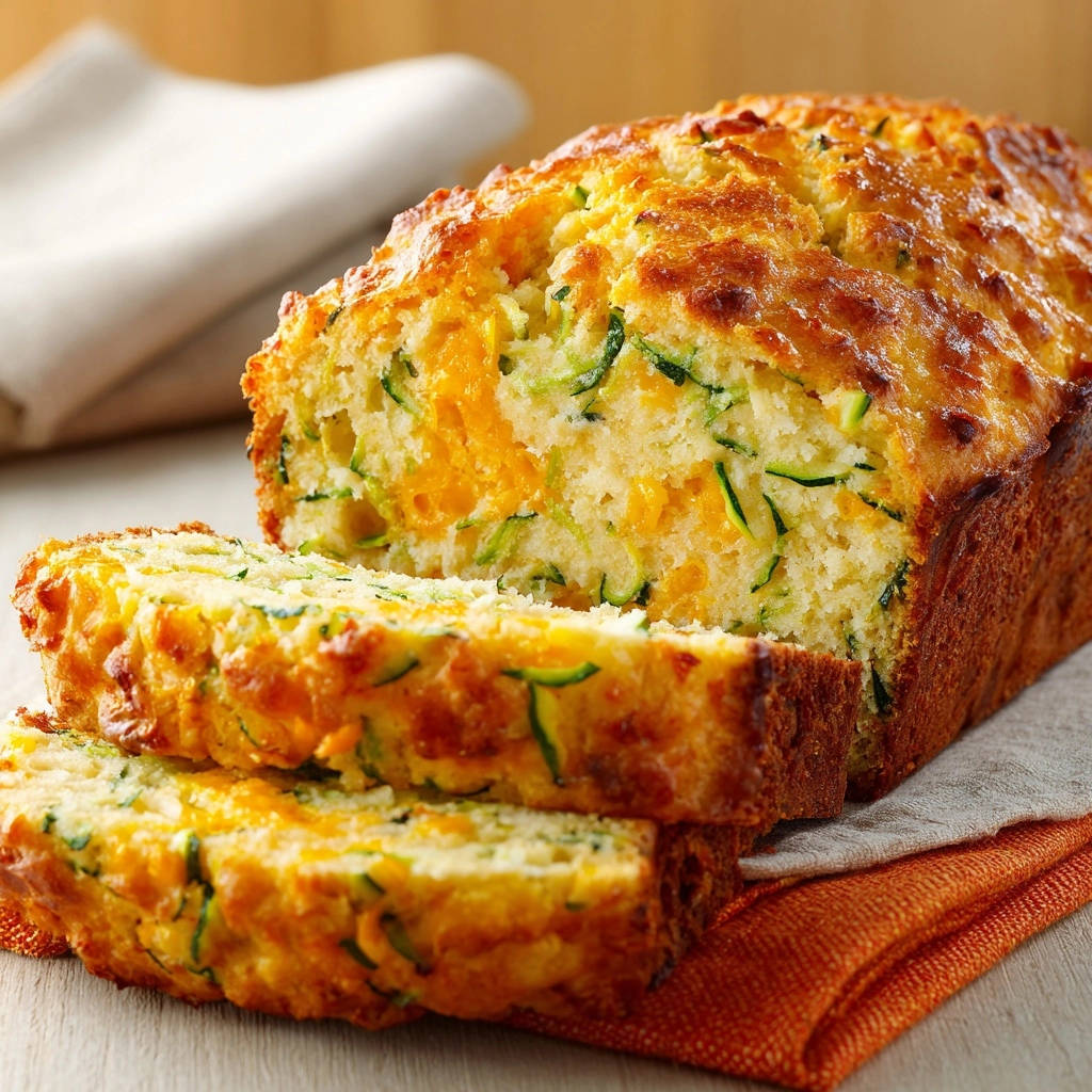 Cheesy zucchini savory quick bread shown in a close-up cross-section with visible zucchini shreds and melted cheese.