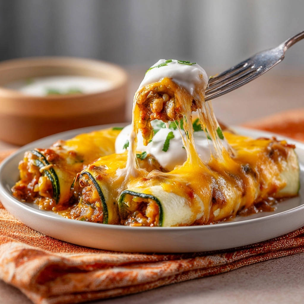 Cheesy zucchini enchilada rolls being lifted with a fork, showing melted cheese and filling.