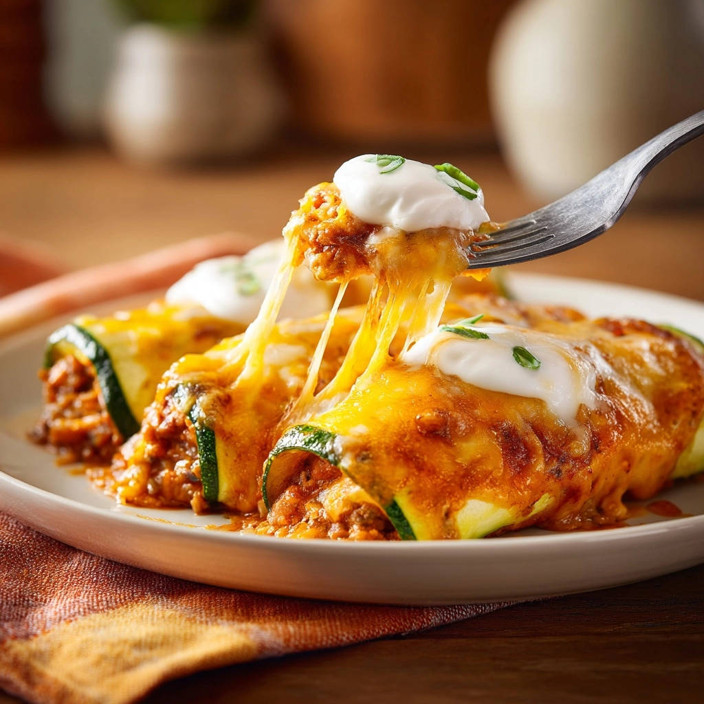Cheesy zucchini enchilada rolls with a forkful of gooey cheese being pulled up, topped with sour cream and chives.