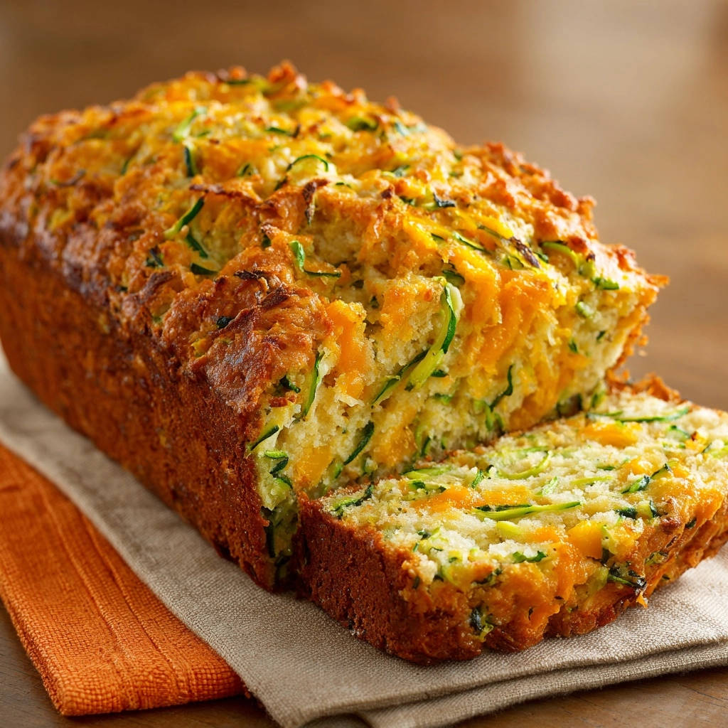 Cheesy zucchini savory quick bread shown as a close-up interior slice revealing moist texture and shredded zucchini.