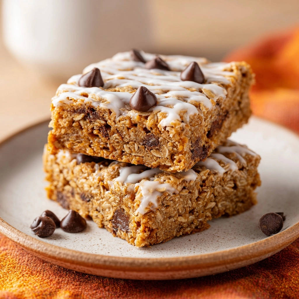 Chewy chocolate chip oatmeal bars stacked on a plate, drizzled with icing and topped with chocolate chips.