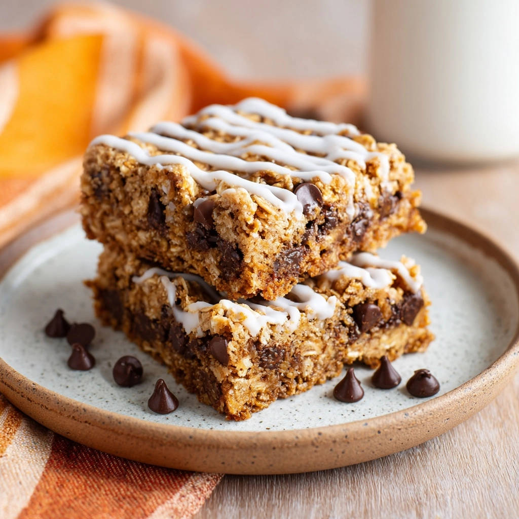 Chewy chocolate chip oatmeal bars stacked on a plate, drizzled with white glaze and surrounded by chocolate chips.
