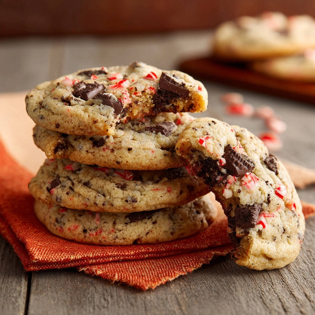 Chewy chocolate peppermint cookies cross-section revealing melted chocolate chunks and crushed candy cane pieces.