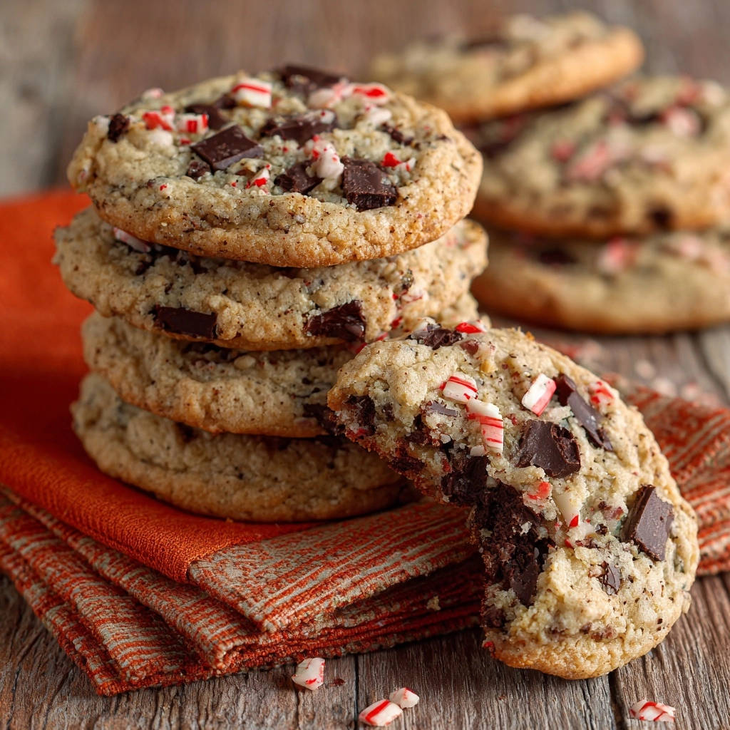 Chewy chocolate peppermint cookies stack with a close-up cross-section revealing the rich interior and candy cane pieces.