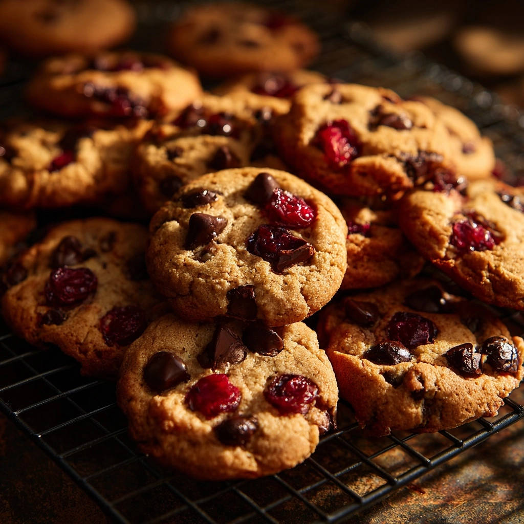 Chewy cranberry chocolate chip cookies cooling on a wire rack, showing their thick texture and visible chocolate chips.