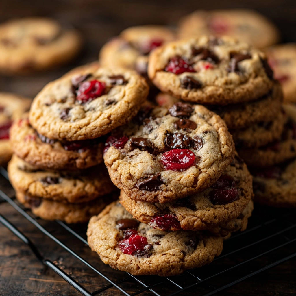 Chewy cranberry chocolate chip cookies stacked and cooling on a black rack, showcasing their thick texture and inclusions.