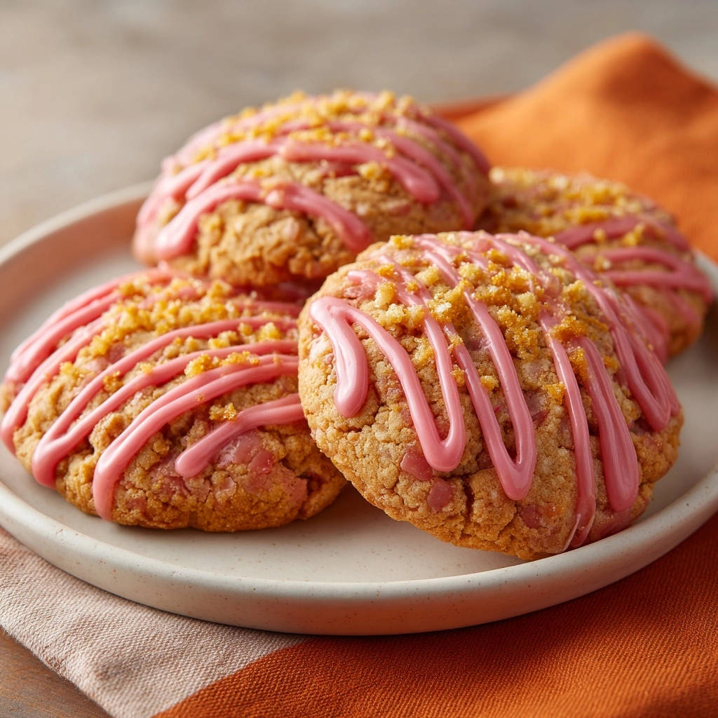 Chewy strawberry crumb cookies with pink icing drizzled over a textured crumb topping, shown in a close-up view.