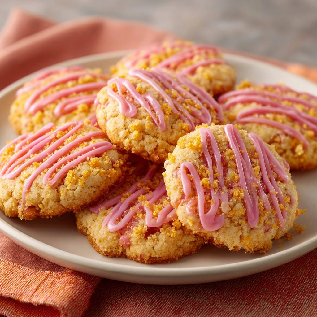 Chewy strawberry crumb cookies drizzled with pink icing and sprinkled with crumbs, shown in a close-up detail.