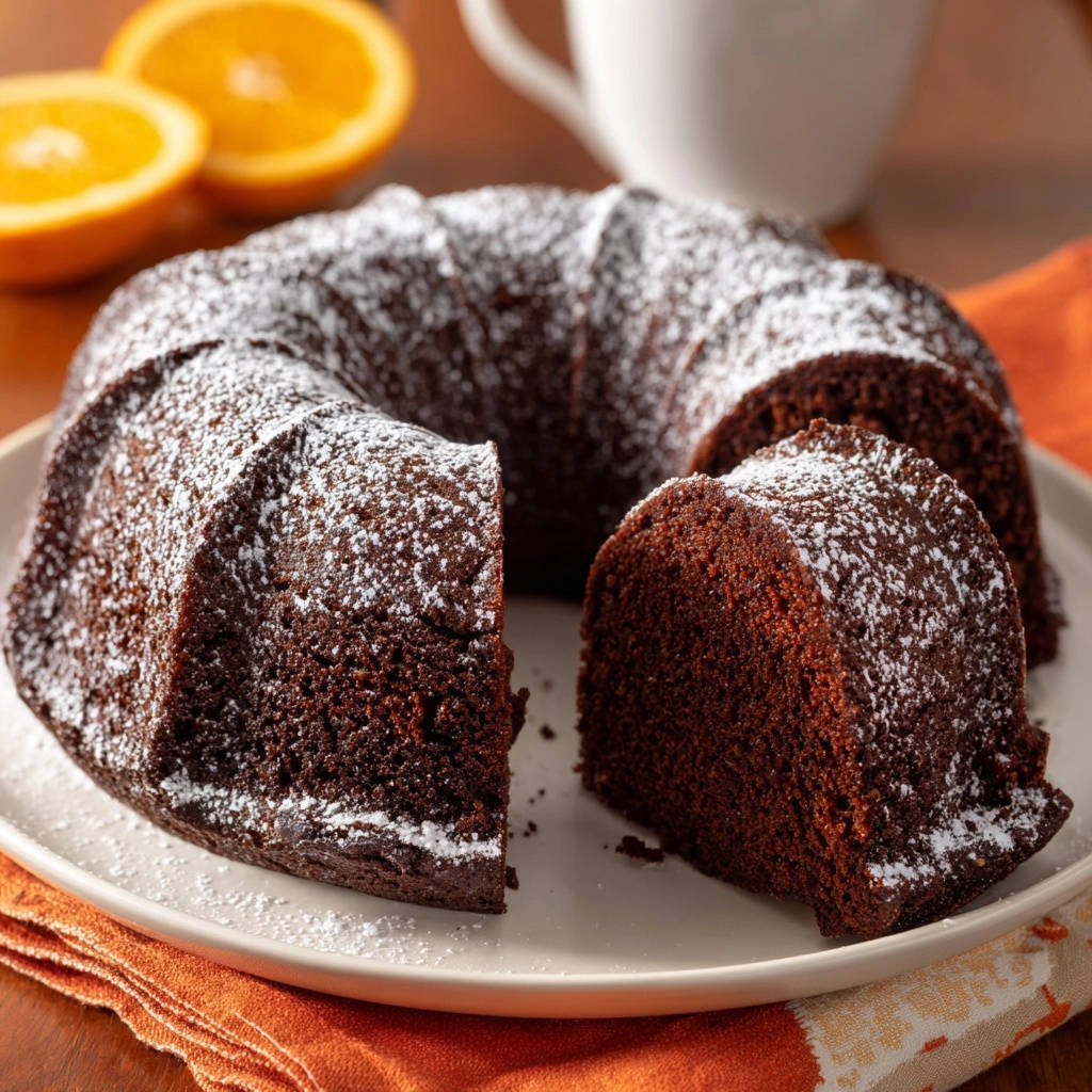 Decadent chocolate bundt cake with a slice removed, revealing a rich cross-section dusted with powdered sugar.