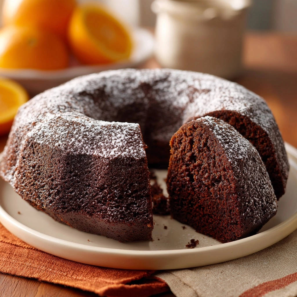 Decadent chocolate bundt cake dusted with powdered sugar, showing a close-up cross-section of its moist interior.