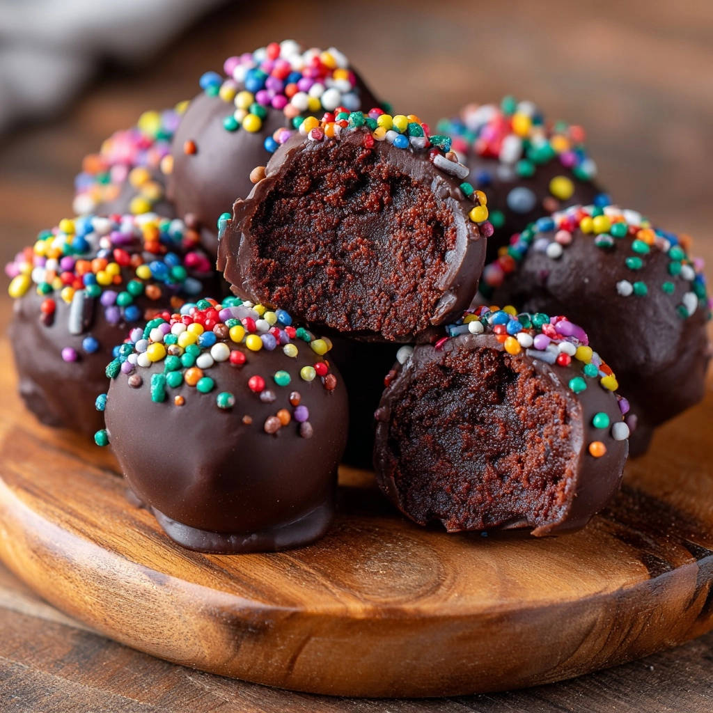 Decadent chocolate cake pops with colorful sprinkles shown in a close-up cross-section revealing the moist interior.