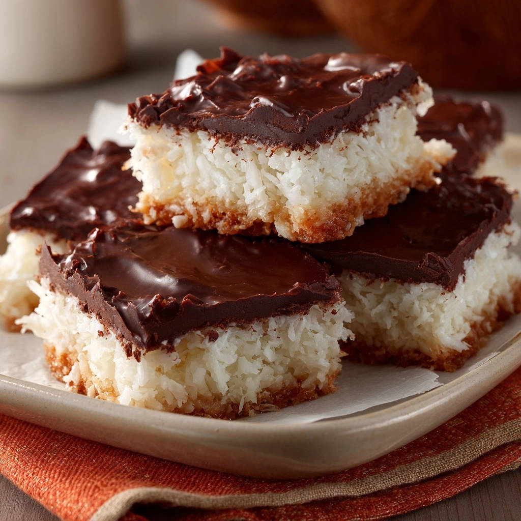 Dreamy chocolate coconut bars in a stack, showing a close-up cross-section of the chewy coconut layer and chocolate topping.