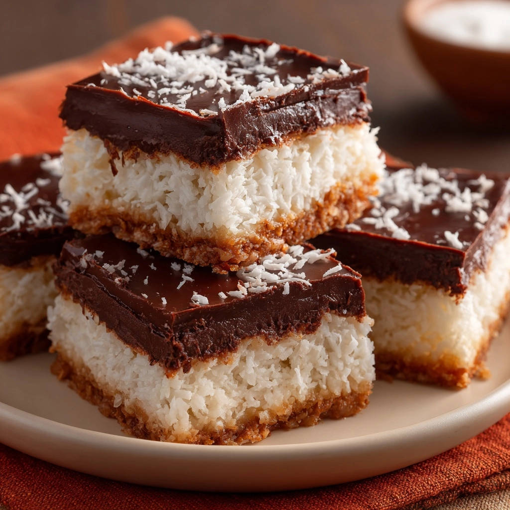Dreamy chocolate coconut bars cross-section stack showing layers of chocolate, coconut, and crust, sprinkled with shredded coconut.