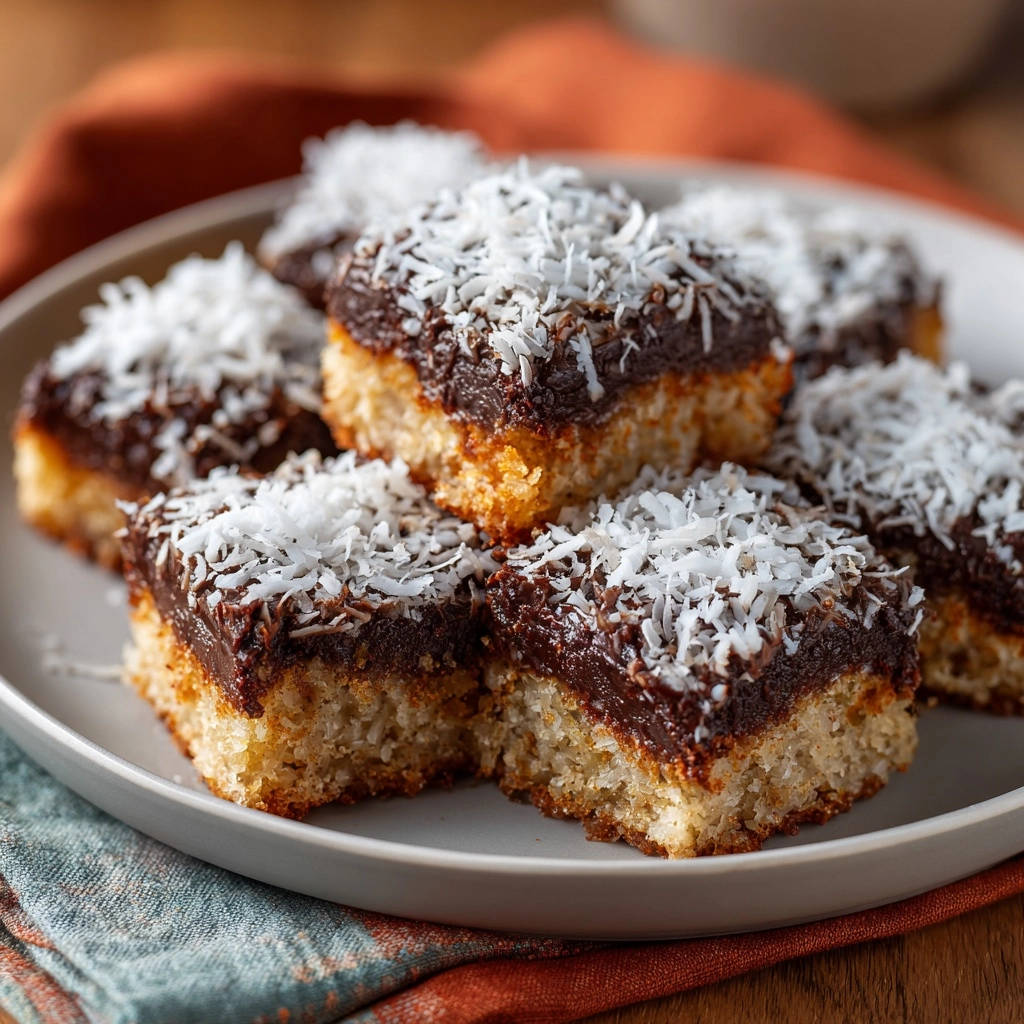 Chocolate Coconut Dream Bars topped with shredded coconut, showcasing the rich chocolate layer and cake base.