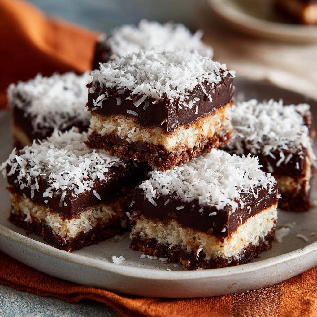 Chocolate Coconut Dream Bars are stacked into squares, showcasing their rich chocolate topping and coconut filling.