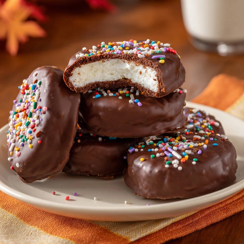 Ultimate Chocolate Cream Sandwich Cookies shown in a close-up cross-section, revealing the creamy filling and topped with colorful sprinkles.