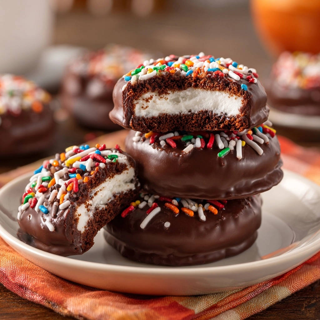 Ultimate Chocolate Cream Sandwich Cookies shown in a cross-section with colorful sprinkles on top.