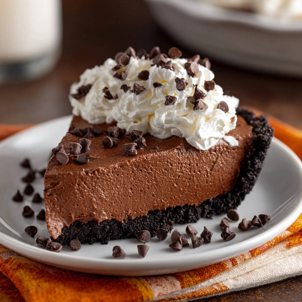 Decadent chocolate mousse pie slice topped with whipped cream and chocolate chips on a white plate.