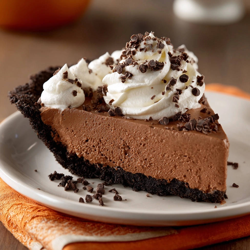 Decadent chocolate mousse pie slice with whipped cream and chocolate shavings on a white plate.