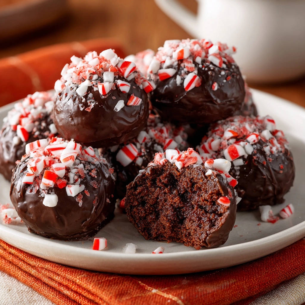 Chocolate peppermint cake truffles cross-section revealing rich, moist cake interior topped with crushed candy canes.