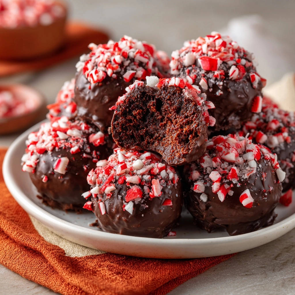 Chocolate peppermint cake truffles cross-section showing the rich interior and crushed candy cane topping.