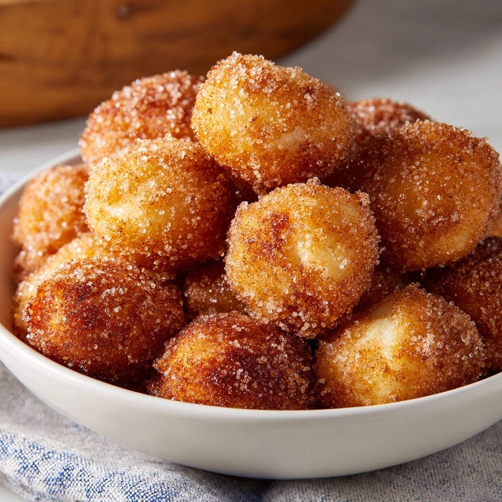 Cinnamon sugar donut bites piled high in a white bowl, showcasing their fluffy texture and sweet cinnamon-sugar coating.