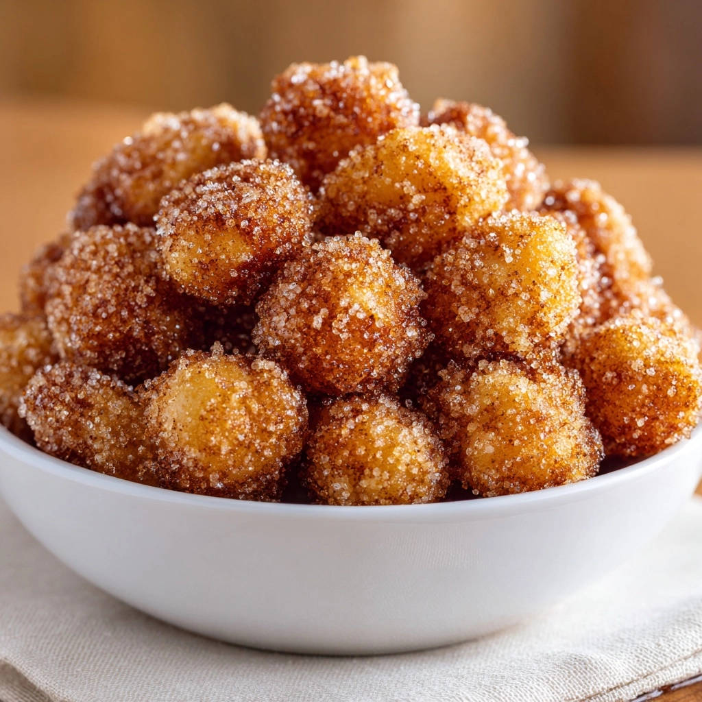 Cinnamon sugar donut bites are piled high in a white bowl, dusted with cinnamon and sugar.