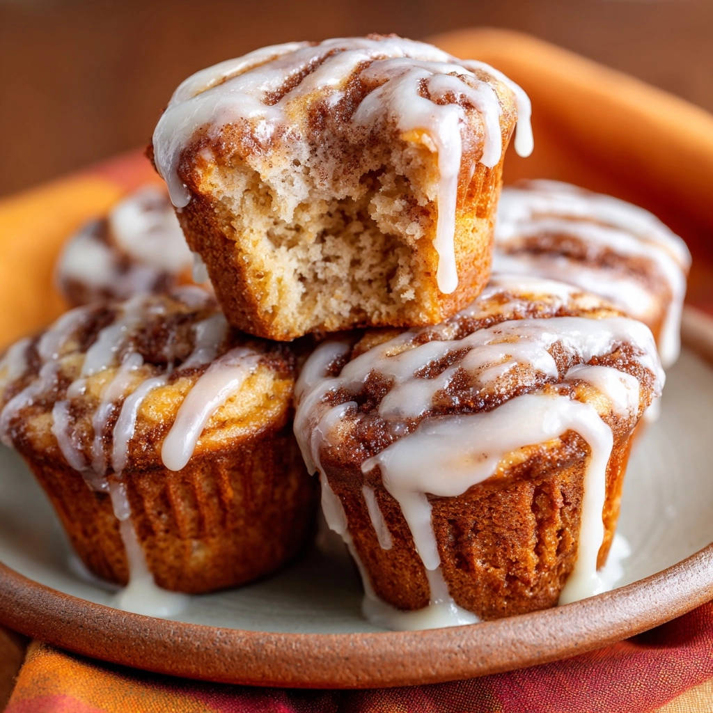 Cinnamon swirl muffins with a bite taken out, showing a fluffy interior and drizzled icing.