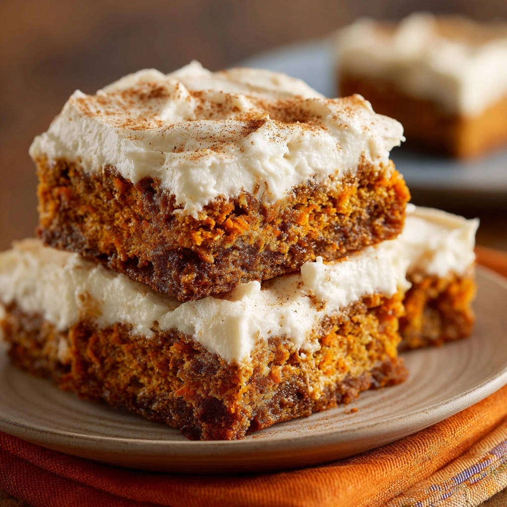 Classic carrot cake stacked bars showing a moist cross-section with cream cheese frosting and cinnamon topping.