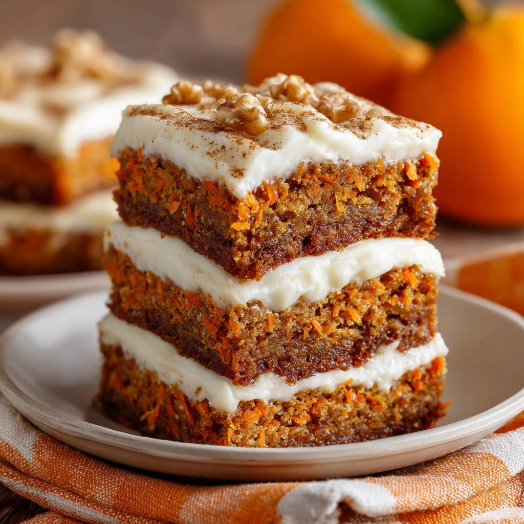 Classic carrot cake featuring a stacked slice with creamy frosting and walnuts, showcasing the moist interior layers.