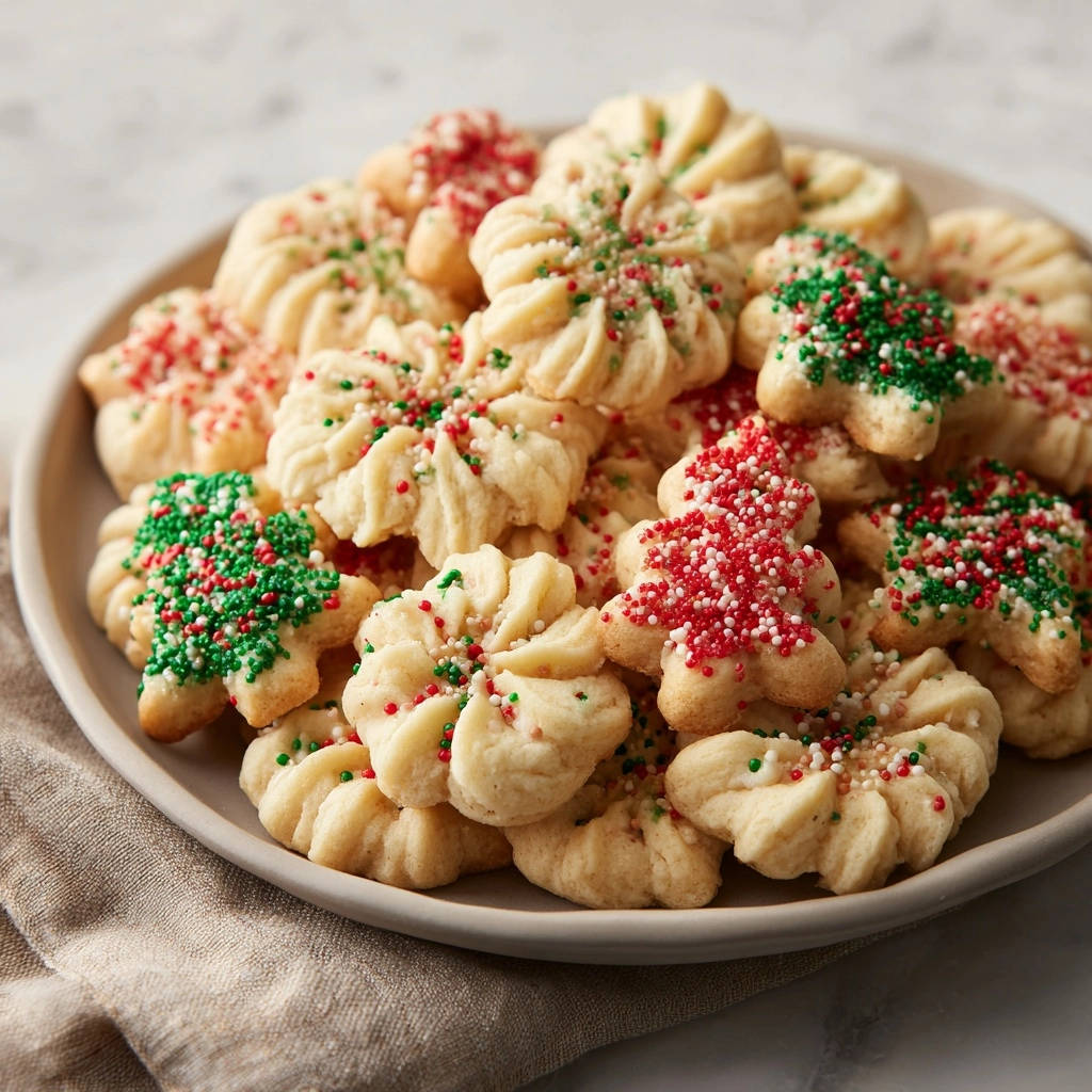 Classic holiday spritz cookies piled high on a plate, adorned with festive red and green sprinkles.