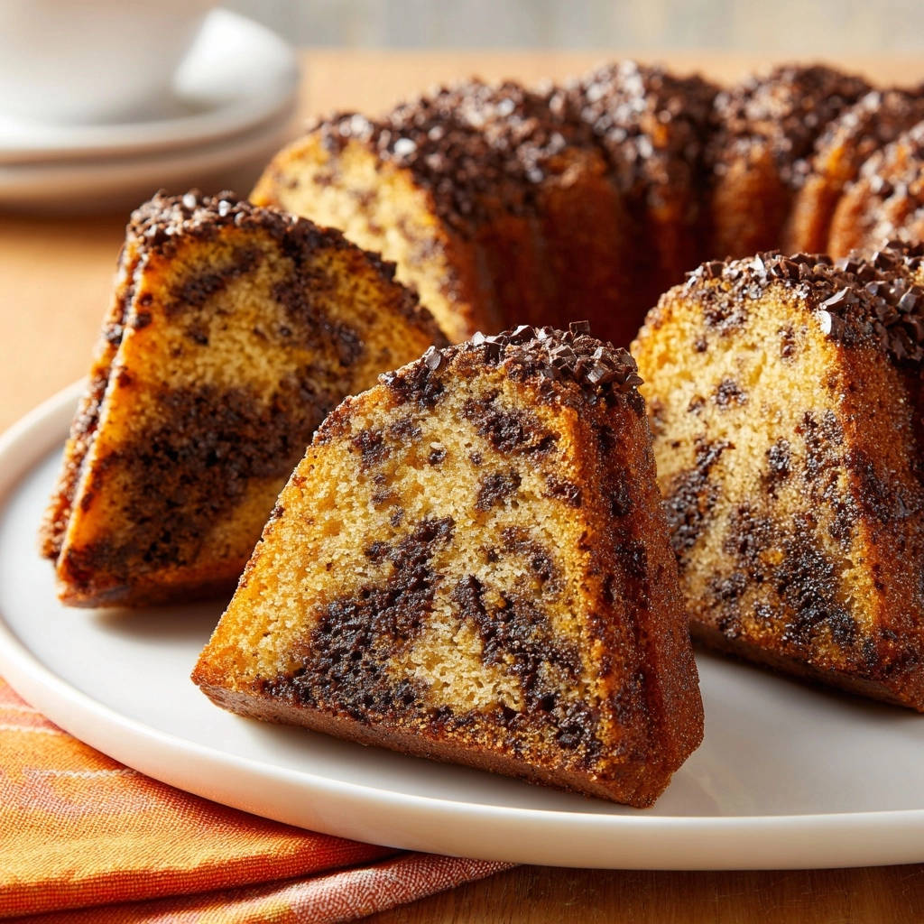 Classic marble bundt cake sliced to reveal a tender crumb with chocolate swirls, garnished with chocolate sprinkles.