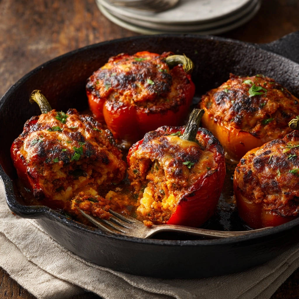 Classic stuffed bell peppers, showing a cross-section with a fork, revealing the savory filling.