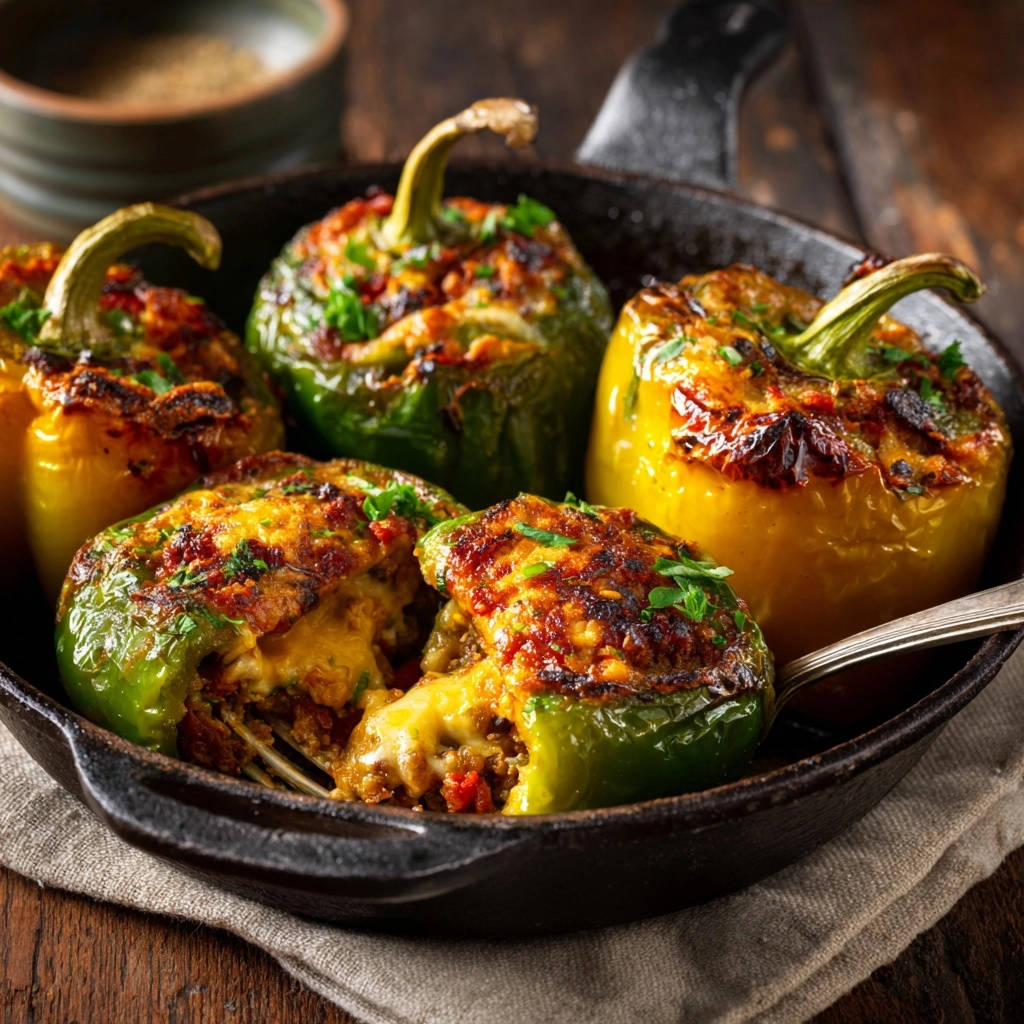 Classic stuffed bell peppers with a fork revealing a cross-section and melted cheese filling.